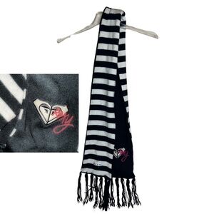 Roxy Black and White Striped Fringed Scarf with Pink Embroidered Logo